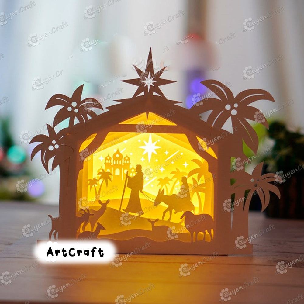 Pack 3 Nativity Scene Lanterns Shadow Box SVG for Cricut Projects DIY Merry Christmas Nativity Scene House Lightbox, Christmas Decoration