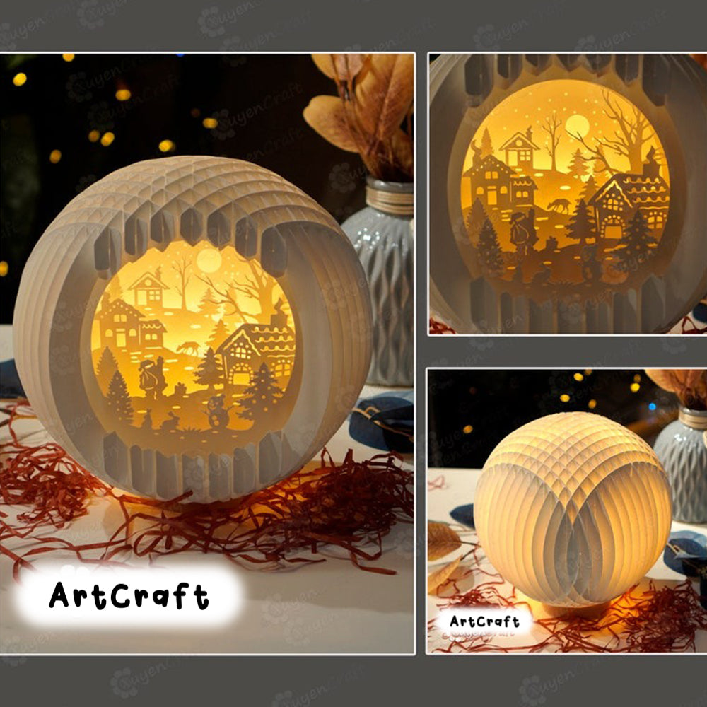 Merry Christmas SVG template for creating Christmas Village Sphere Pop Up - 3D Pop up Card - DIY Paper Cut Lamp, Christmas Paper Lanterns