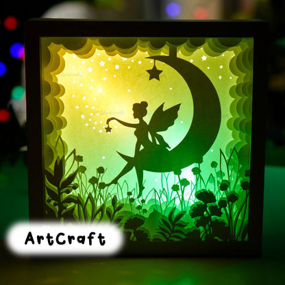 Fairy Moon Shadow Box - Fairy Lightbox SVG for Cricut Projects, Paper Cut Shadow Box, Free Square Shadow Box frame, 3D layered paper art