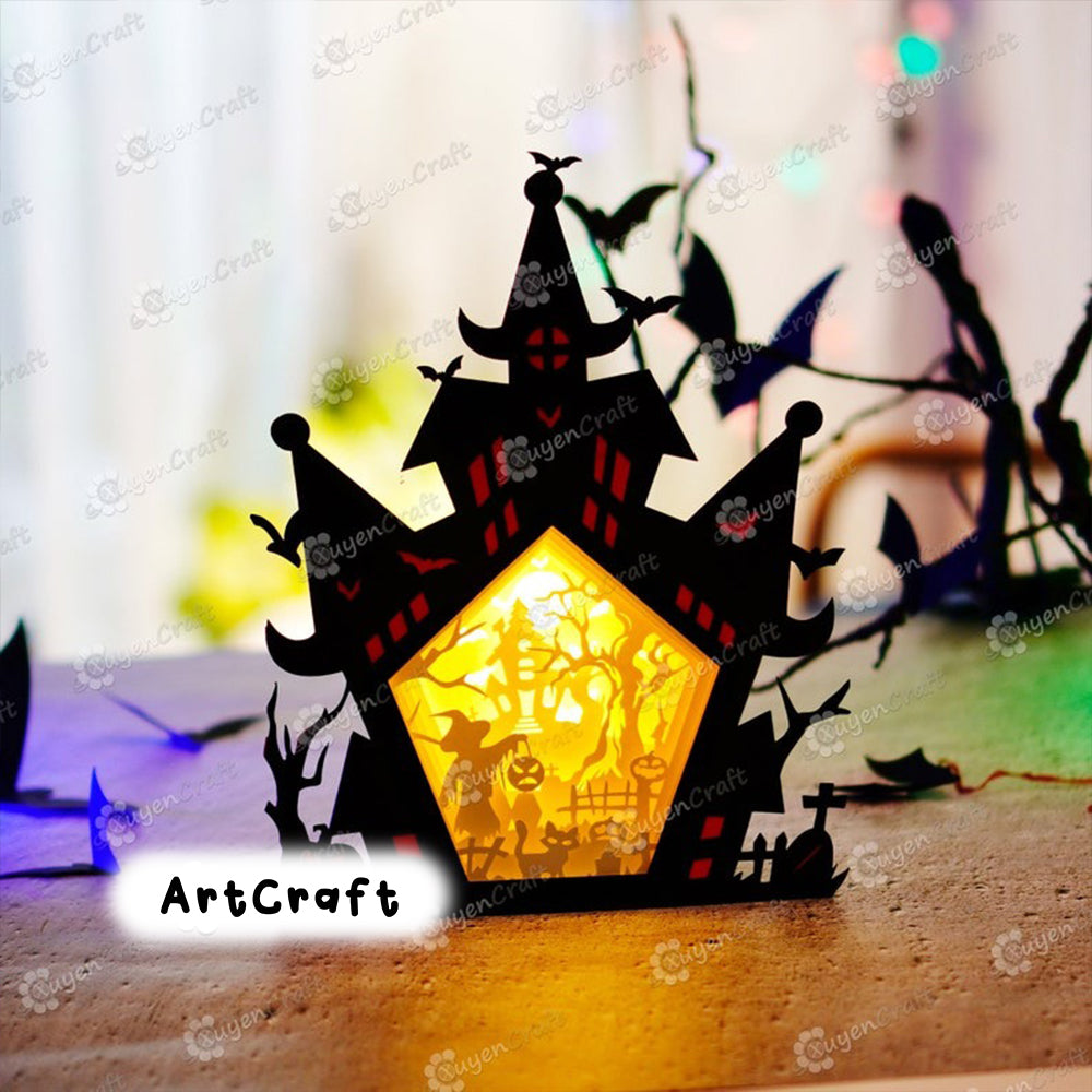 Pack 3 Haunted House Shadow Box Halloween PDF, SVG Light Box for Cricut, Sillhouette 4, ScanNcut - DIY Paper Lanterns Lamp Decor