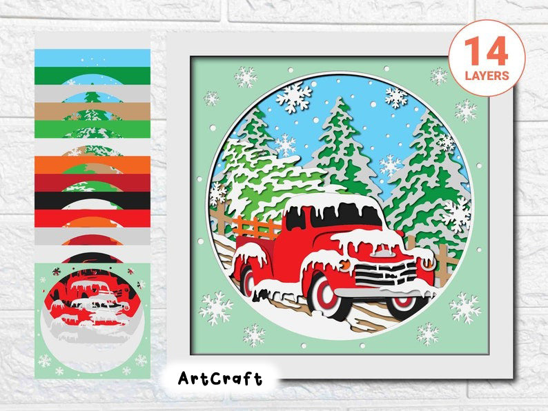 Christmas Truck 3D Shadow Box SVG/ Farm Fresh Christmas Tree/ Rustic Truck Layered Cardstock/ Farmhouse Christmas Cricut Project/ Winter SVG