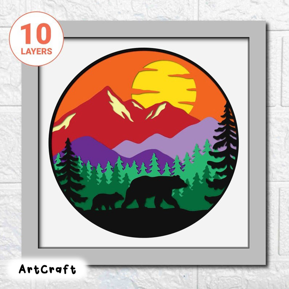 3D Mountain SVG/ Mountain And Bears Shadow Box SVG/ Nature Wall Art/ Papercut Project/ 3D Papercraft/ For Laser/ For Cricut/ For Silhouette