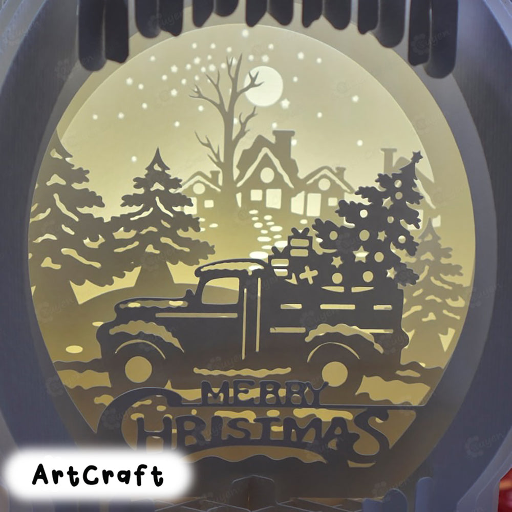 Christmas Truck In Snow Globe Pop Up SVG for Cricut Projects, Silhouette Studio V3 creating paper night light for christmas kirigami DIY