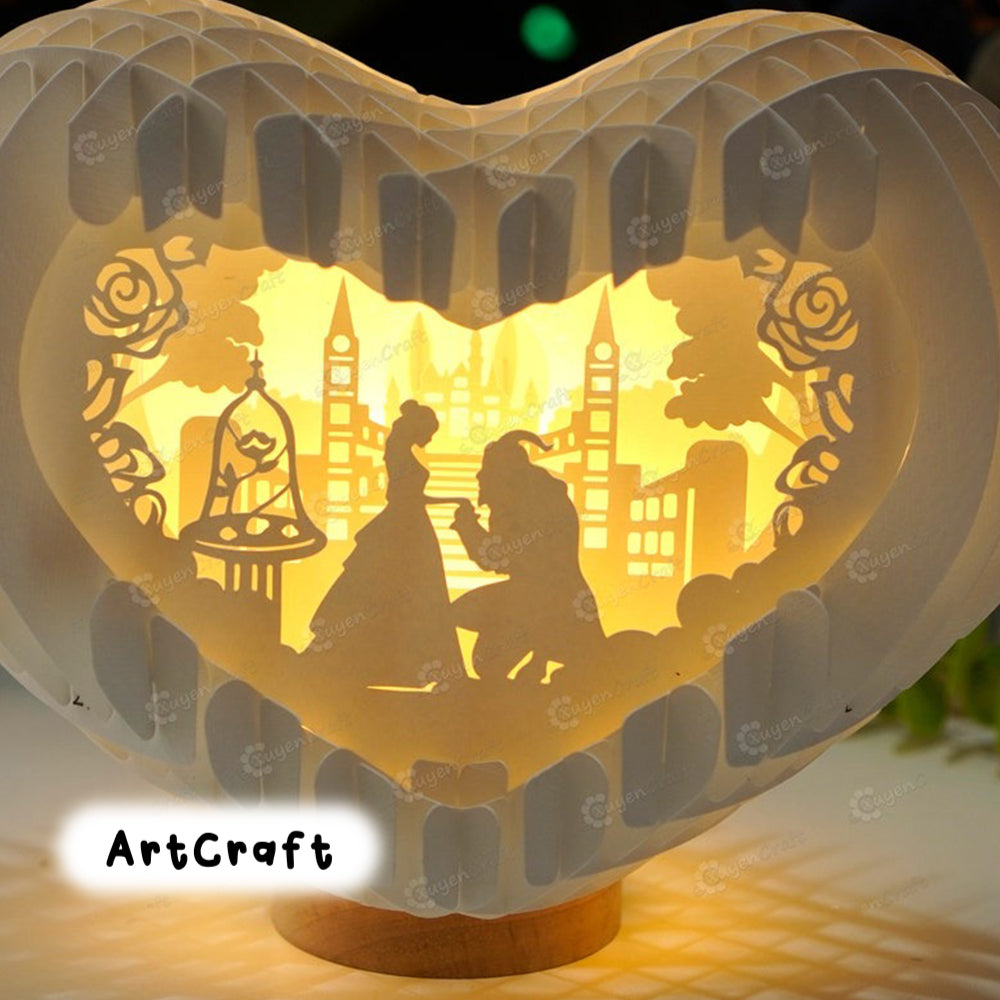 Beauty and Beast Heart Pop up Card 3D Light Box SVG Template for Cricut Projects, Valentin Heart Lanterns Shadow Box, 3d heart svg