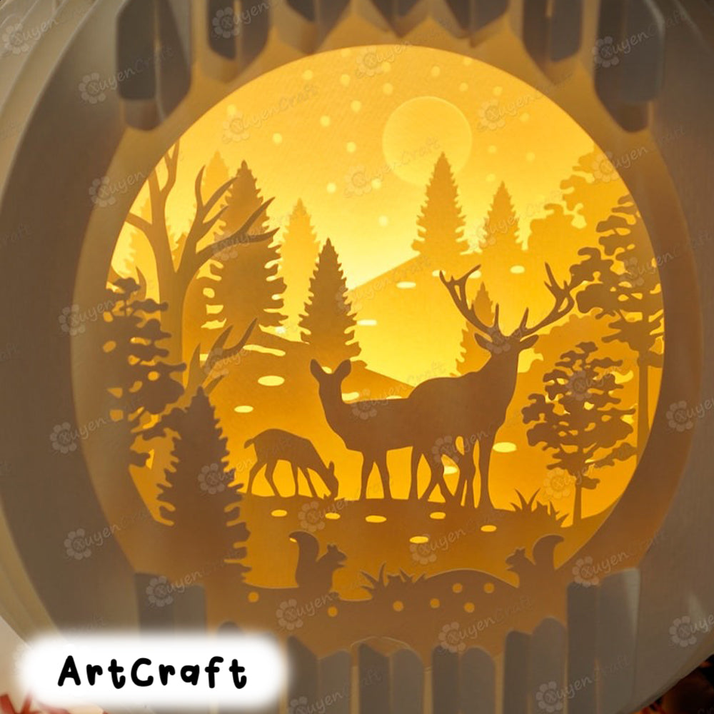 Deer Family Merry Christmas Sphere Popup 3D - Paper Cutting SVG Template - 3D Pop up Card - DIY Paper Cut Lamp, Christmas Paper Lanterns