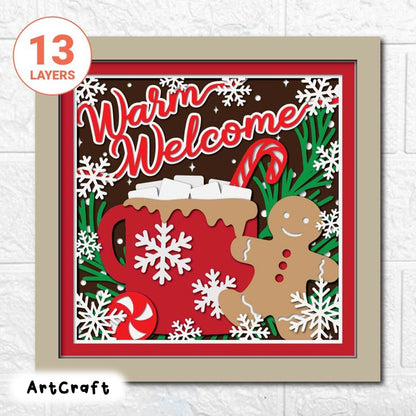 Warm Welcome 3D Shadow Box/ Gingerbread And Hot Cocoa Layered SVG/ Christmas Gift Box/ 3D Christmas Cardstock/ For Cricut/ For Silhouette