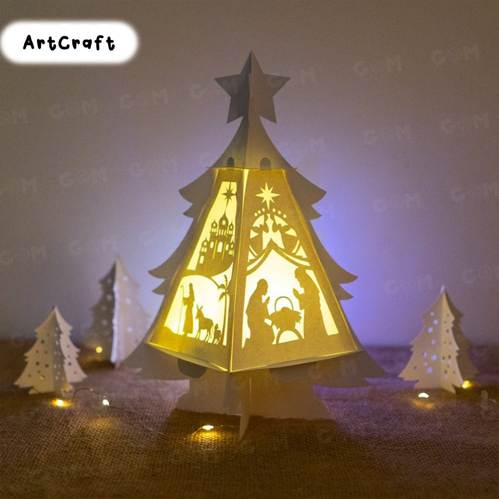 Pack 4 Christmas Tree Lantern SVG - Merry Christmas Lantern Template - DIY Paper Lanterns - Xmas Paper Cutting - DIY Paper Lanterns