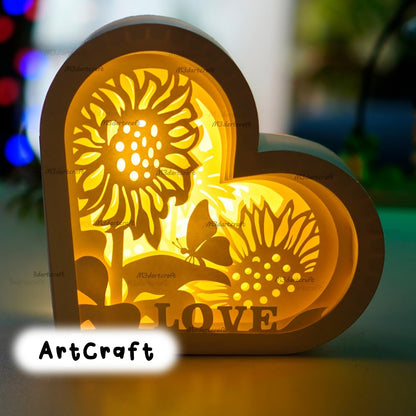 Sunflower Heart Lanterns Shadow Box SVG for Cricut Projects Diy Mothers Day Gifts, Paper Cut Template - DIY Lamp Decoration, 3d heart svg