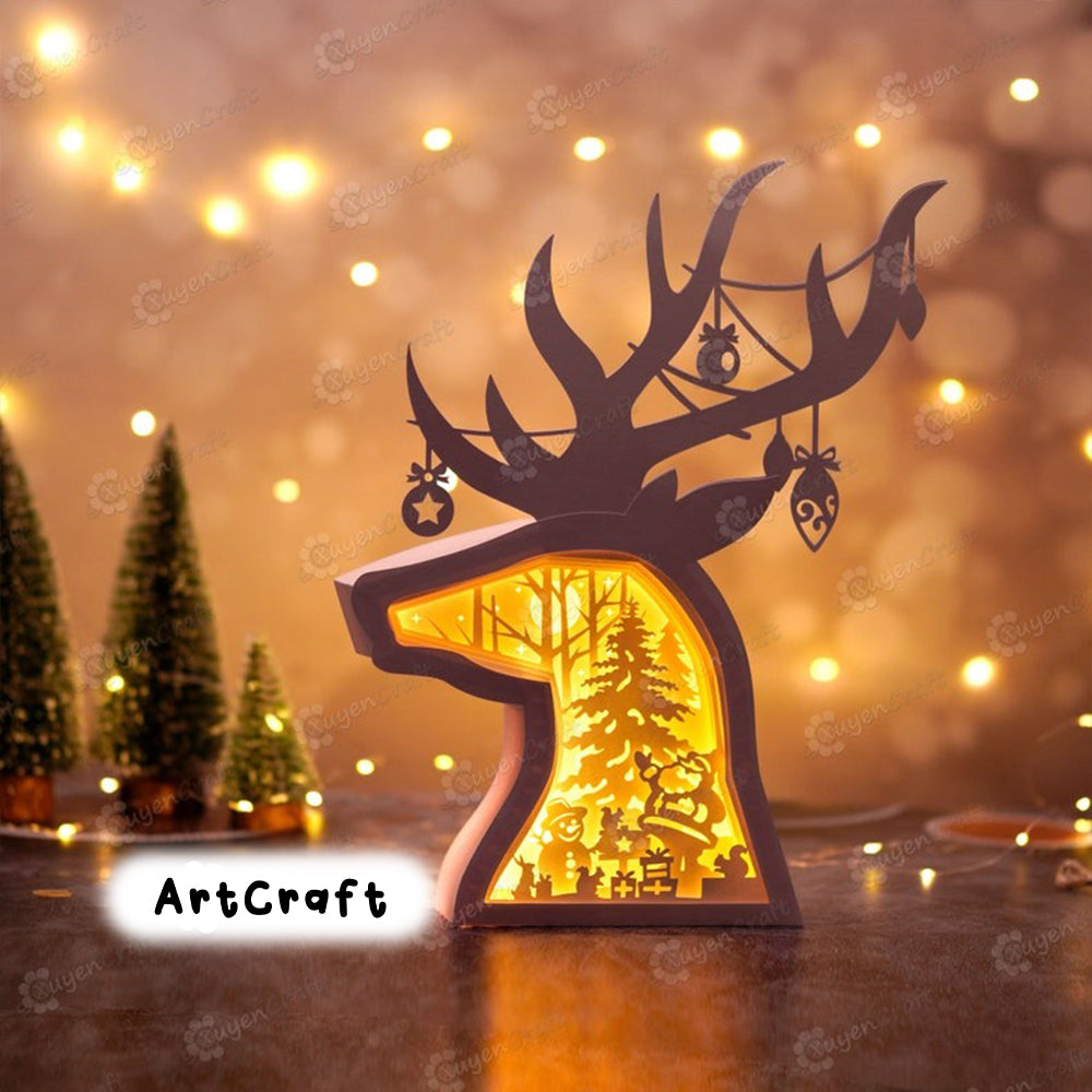 Pack 3 Deer Head Christmas Shadow Box PDF, SVG Light Box for Cricut Projects - DIY Christmas Lantern - Santa Shadowbox, Reindeer Lighbox