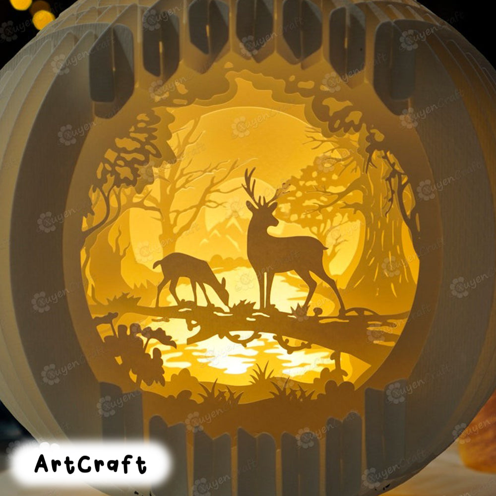 PDF, SVG, Studio Template Deer Sphere Pop up, 3D Papercut Deer Light Box Sliceform Paper, Deer Shadow box, 3d lamp svg, DIY Deer night light