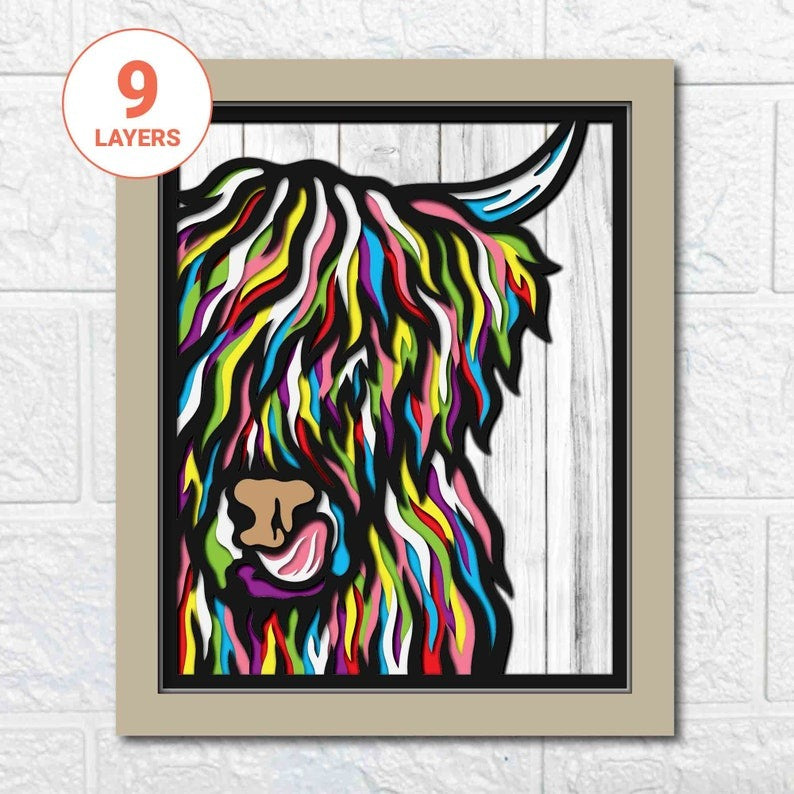 Highland Cow 3D Layered SVG/ Multicolor Cow Cardstock/ Cow Mandala Pop Art/ Highland Cow 3D Papercraft SVG/ File For Cricut/ For Silhouette