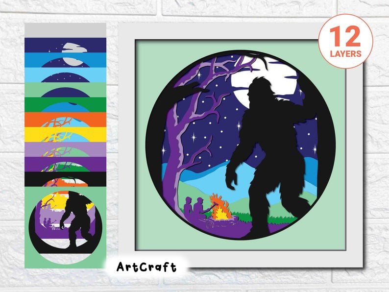 Sneaky Bigfoot Shadow Box SVG/ 3D Camping SVG/ Bigfoot Campsite Shadow Box/ Fall Camping Cricut Project/ SVG File For Cricut/ For Silhouette