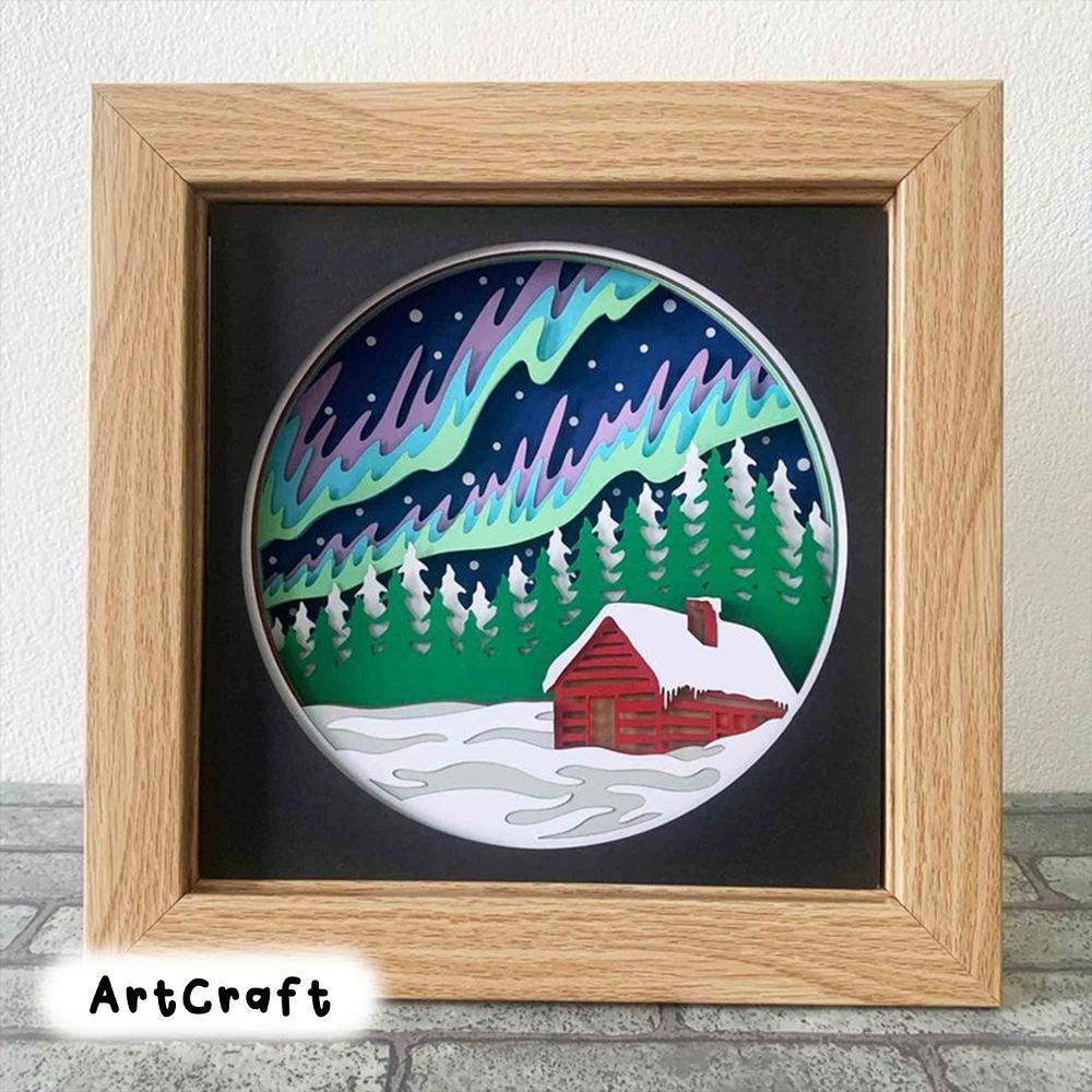 Nordic Winter 3D Shadow Box SVG/ Northern Lights 3D Layered Cardstock/ Winter Log Cabin Cricut 3D/ Christmas File For Cricut/ For Silhouette