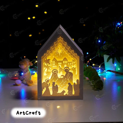 Nativity Scene In Christmas House Lanterns SVG Template Paper Cut Lamp Shadow Box, Lightbox Svg for Cricut Projects - DIY Xmas Decorations