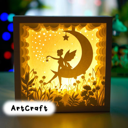 Fairy Moon Shadow Box - Fairy Lightbox SVG for Cricut Projects, Paper Cut Shadow Box, Free Square Shadow Box frame, 3D layered paper art