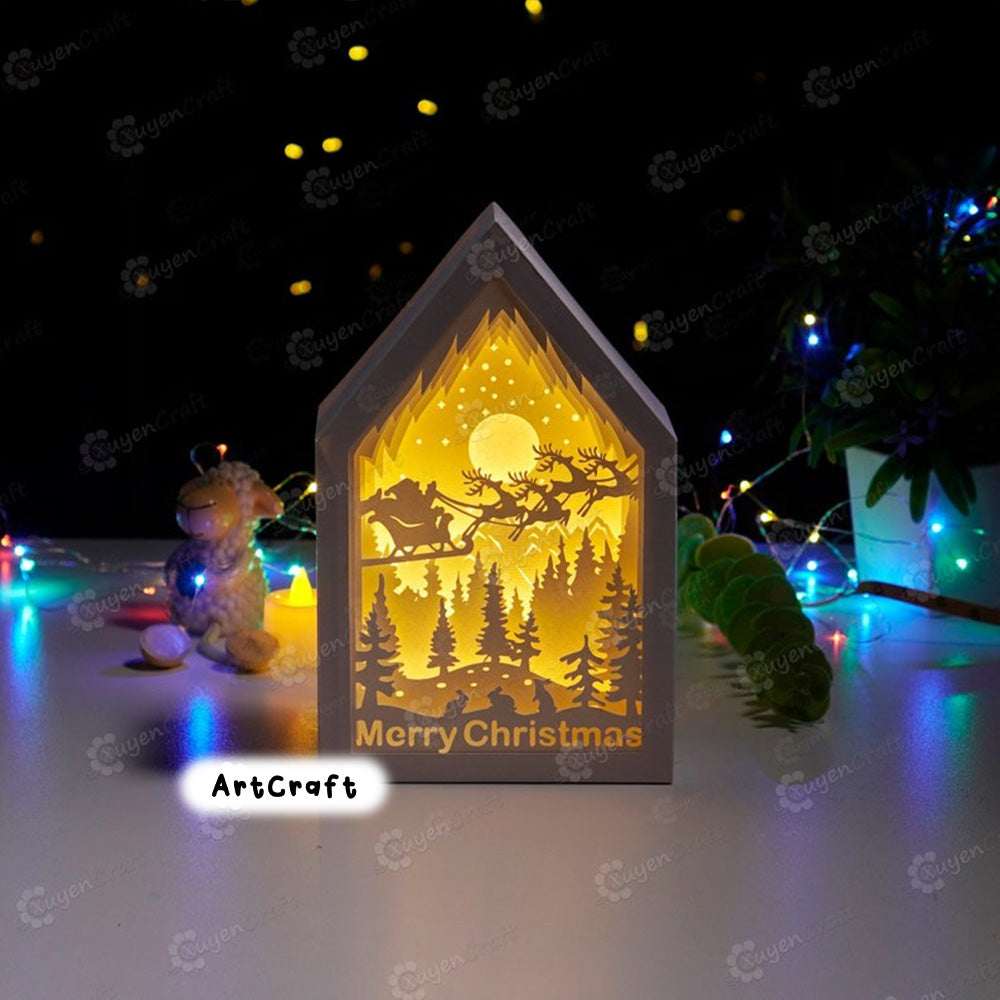 Paper Lantern SVG Templates for creating Santa Claus Reindeer Rides in Christmas Lanterns Shadow Box, 3D Paper Cut Template Light Box SVG