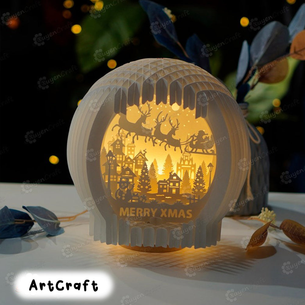 Merry Xmas - Santa Claus Reindeer Flying Snow Globe Pop Up 3D SVG Template Papercut Shadowbox - DIY Pop up card 3d - Sphere Popup Lamp