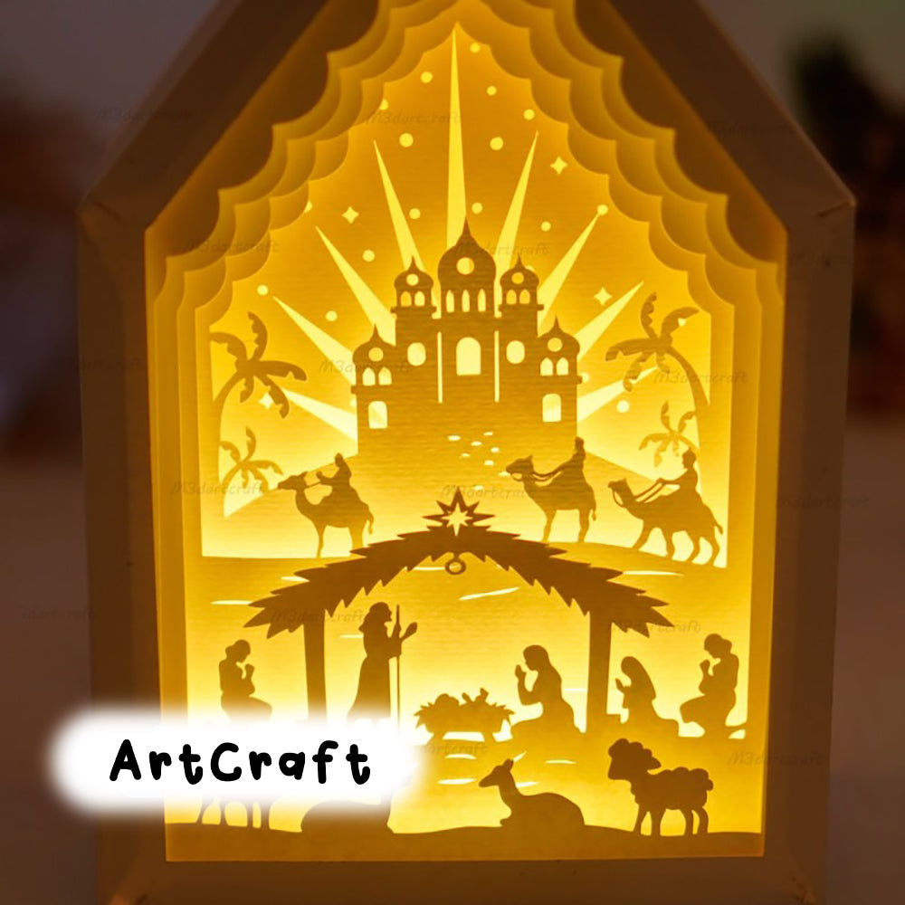 Nativity Scene In Christmas House Paper Lantern SVG Template - Merry Christmas Shadow Box, Light Box Paper Cut and Paper box frames svg