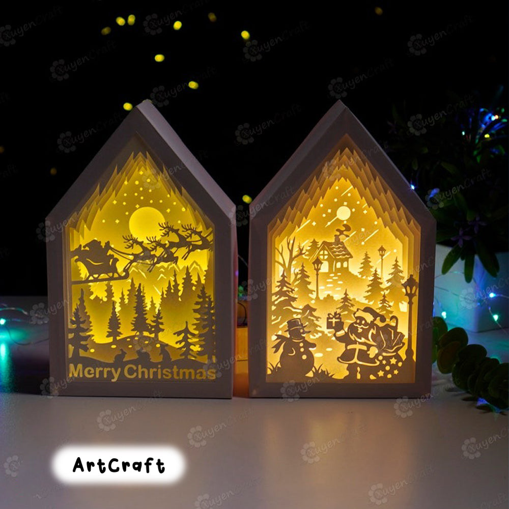 Pack 4 Christmas Lanterns Shadow Box SVG, Silhouette Studio Templates, Paper lanterns for x-mas decor - DIY Paper Cut Lamp Decoration