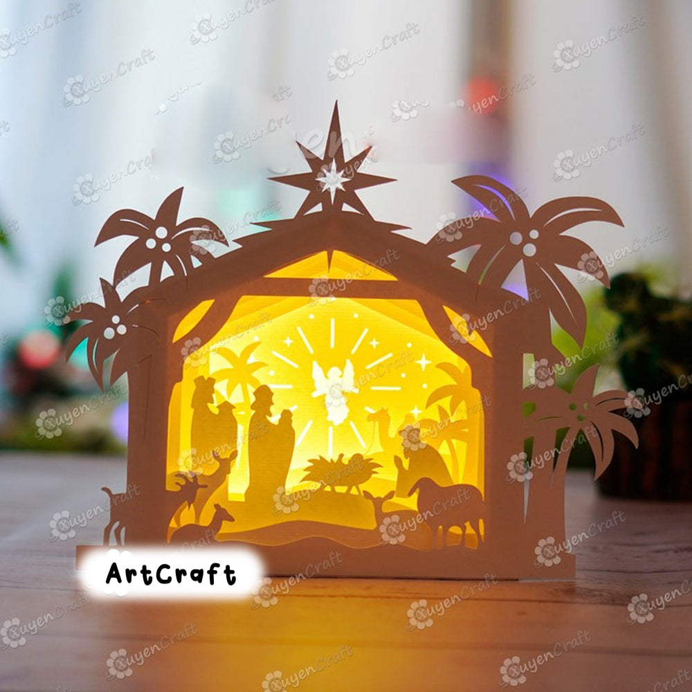 Pack 3 Nativity Scene Lanterns Shadow Box SVG for Cricut Projects DIY Merry Christmas Nativity Scene House Lightbox, Christmas Decoration