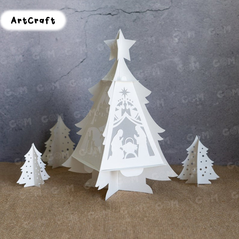 Pack 4 Christmas Tree Lantern SVG - Merry Christmas Lantern Template - DIY Paper Lanterns - Xmas Paper Cutting - DIY Paper Lanterns