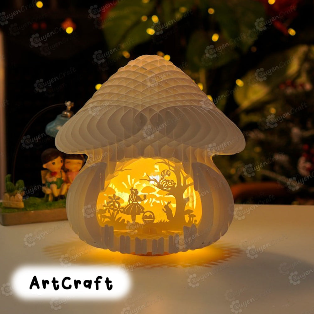 Alice in Mushroom House Pop Up SVG for Cricut Projects Papercut Template, Paper Lantern DIY Shadow Box, Lightbox cut files 3D Papercraft