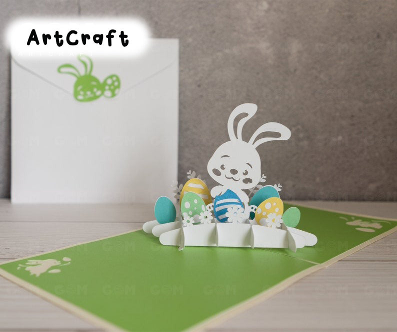 Easter Pop-up Card template - Bunny and Eggs pop-up card template - Easter pop up SVG - 3D paper craft