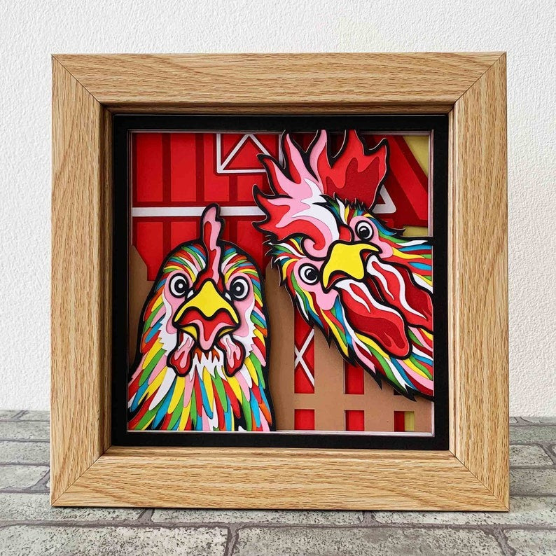 Chickens 3D Layered SVG For Cardstock/ Farmhouse Decoration/ Rooster And Hen Farmyard/ Colorful Chickens Papercraft/ For Cricut/ Silhouette