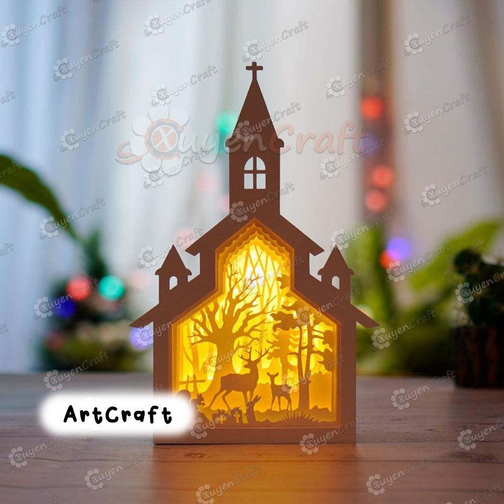 Pack 5 Christmas Church Shadow Box PDF, SVG Light Box for Cricut Projects, Cameo, ScanNcut - DIY Christmas Church Lantern Paper Cut