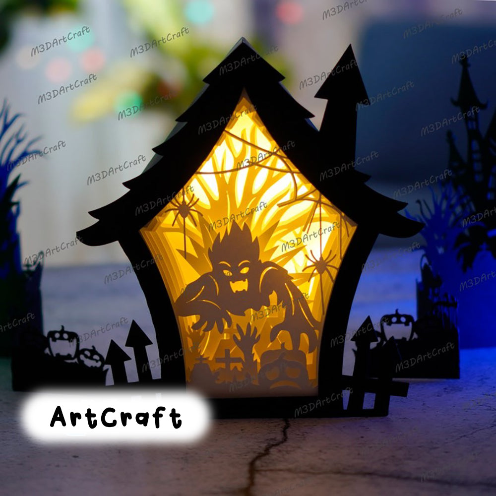 Ghost & Witch Haunted House Shadow Box Halloween PDF, SVG Light Box for Cricut, Sillhouette 4, ScanNcut - DIY Paper Lanterns Lamp Decor