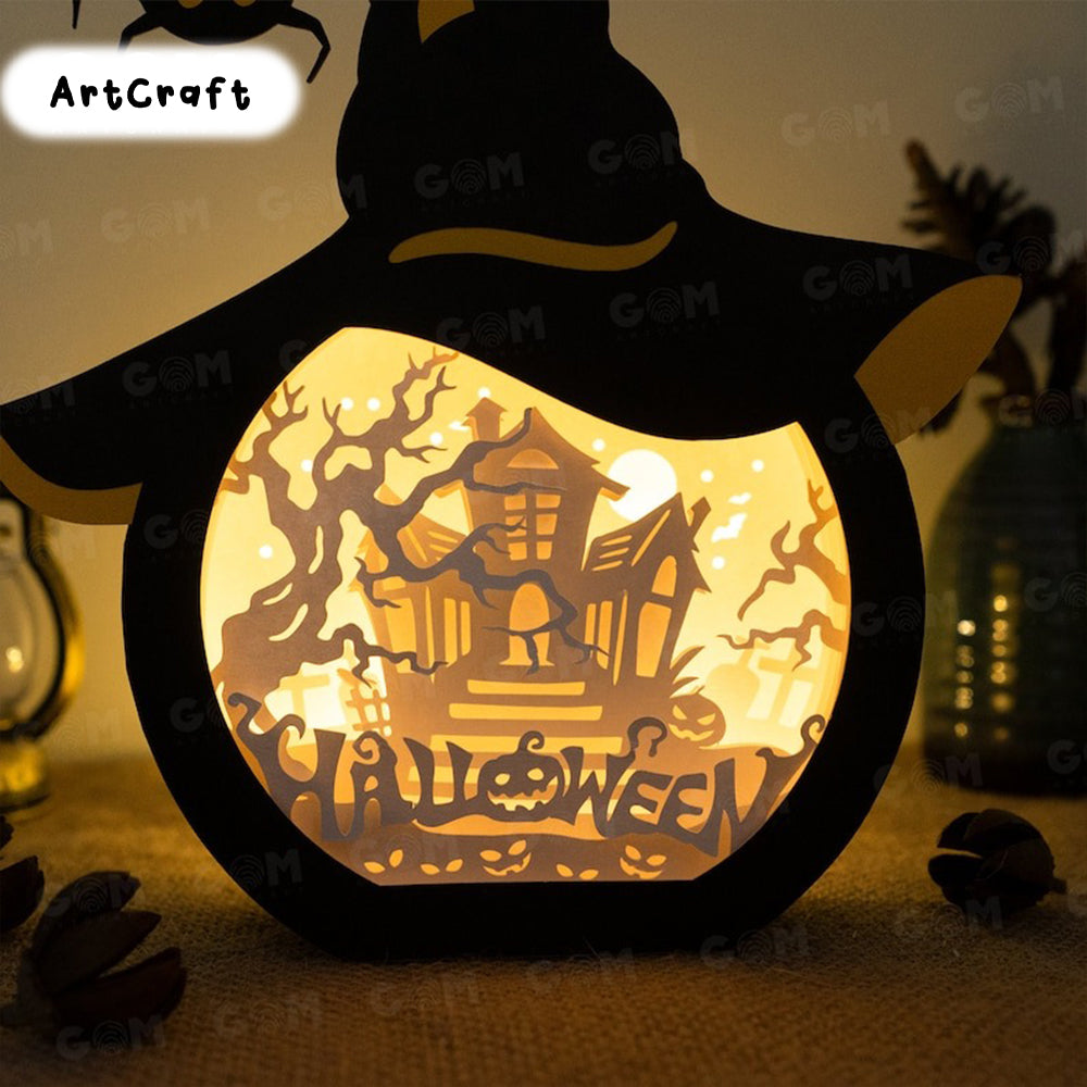 Haunted House Shadow Box Template - Pumpkin Lantern Template - Halloween Paper Cutting Template File - Halloween Light Box SVG