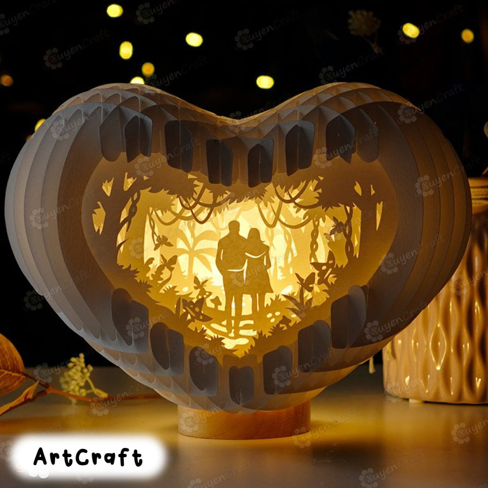 Couple Walking Forest 3D Heart Pop-up Lighting PDF, SVG Template Lightbox, Globe Popup, Lamp Paper Shadow Box, Papercut, Sliceform Valentine