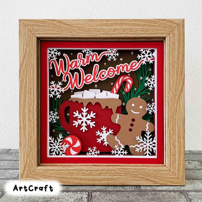 Warm Welcome 3D Shadow Box/ Gingerbread And Hot Cocoa Layered SVG/ Christmas Gift Box/ 3D Christmas Cardstock/ For Cricut/ For Silhouette