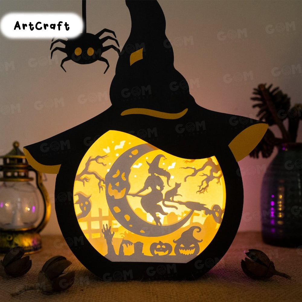 Moon Witch Shadow Box Template - Pumpkin Lantern Template - Halloween Lantern Template - Light Box SVG File - DIY Paper Lanterns