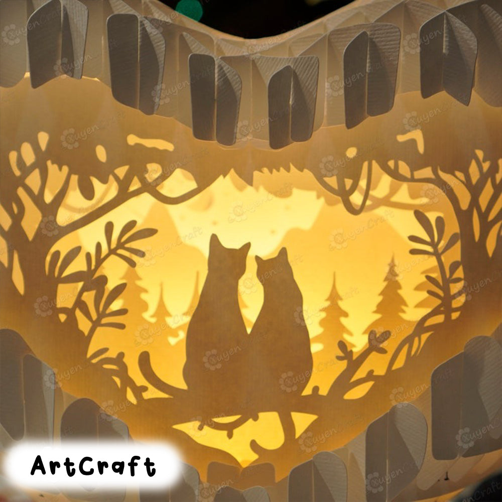 Cat Love Heart Pop up Card Light Box SVG Template Paper Cutting, 3D Heart Lighting - Globe Pop Up, Lamp Paper Heart Papercut DIY 3d pop up