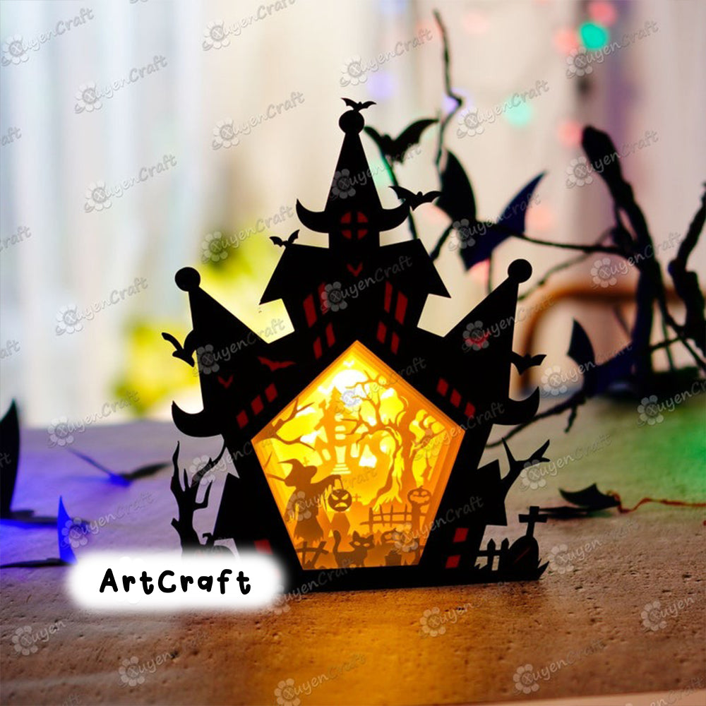 Haunted House Shadow Box Halloween PDF, SVG Light Box for Cricut Projects, Sillhouette 4, ScanNcut - DIY Paper Lanterns Lamp Halloween Decor