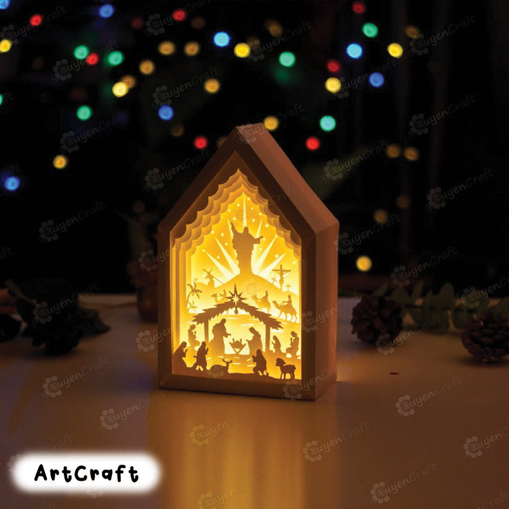 Nativity Scene V2 In Christmas House Paper Lantern SVG Template - Merry Christmas Shadow Box, Light Box Paper Cut and Paper box frames svg