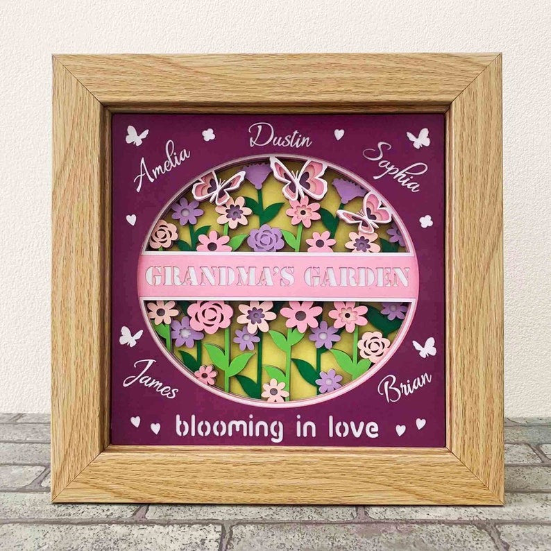 Grandma's Garden 3D Shadow Box SVG/ Gift For Mom 3D SVG/ Mother's Day Cricut Project/ Personalize Grandkids Name/ For Cricut/ For Silhouette