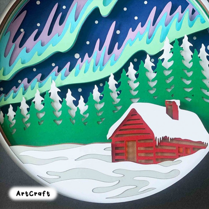 Nordic Winter 3D Shadow Box SVG/ Northern Lights 3D Layered Cardstock/ Winter Log Cabin Cricut 3D/ Christmas File For Cricut/ For Silhouette