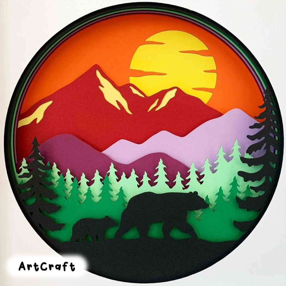 3D Mountain SVG/ Mountain And Bears Shadow Box SVG/ Nature Wall Art/ Papercut Project/ 3D Papercraft/ For Laser/ For Cricut/ For Silhouette