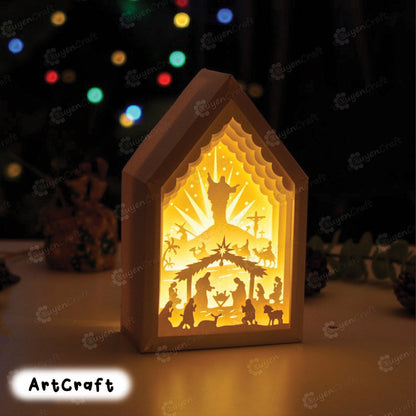 Nativity Scene V2 In Christmas House Paper Lantern SVG Template - Merry Christmas Shadow Box, Light Box Paper Cut and Paper box frames svg