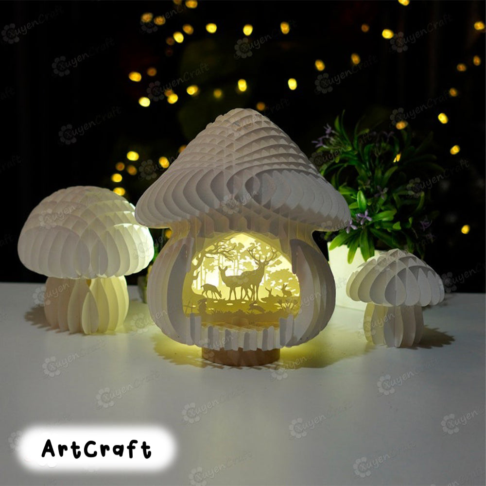 Deer In Mushroom House Pop Up SVG for Cricut Projects creating Mushroom 3D Pop Up Card - Mushroom Night Light - Paper Lantern Shadow Box