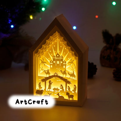 Nativity Scene In Christmas House Paper Lantern SVG Template - Merry Christmas Shadow Box, Light Box Paper Cut and Paper box frames svg