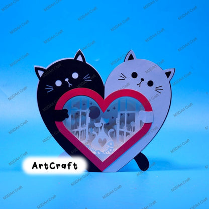 Cute Cat Heart Lanterns Shadow Box SVG for Cricut Projects Diy Valentines Crafts - Cat Lightbox Paper Cut Template - Love Cat Valentine