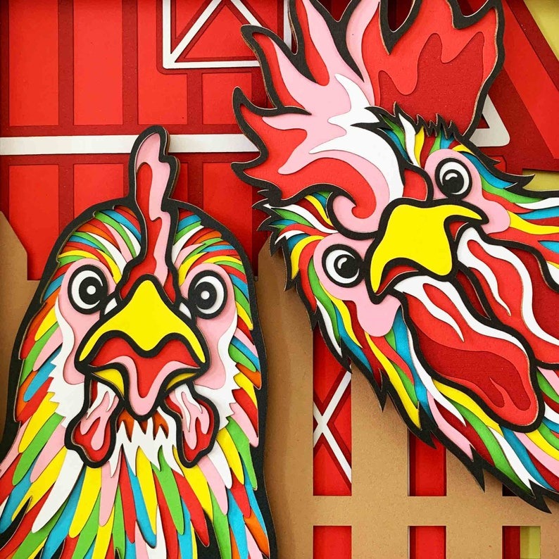 Chickens 3D Layered SVG For Cardstock/ Farmhouse Decoration/ Rooster And Hen Farmyard/ Colorful Chickens Papercraft/ For Cricut/ Silhouette