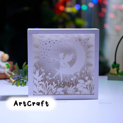 Fairy Moon Shadow Box - Fairy Lightbox SVG for Cricut Projects, Paper Cut Shadow Box, Free Square Shadow Box frame, 3D layered paper art