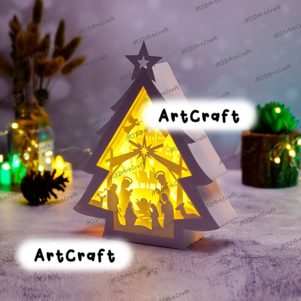 Nativity Scene Christmas Tree Lantern Shadow Box SVG Template , X-mas Papercut Lightbox, 3D Layered Christmas SVG for Cricut, PDF Papercraft