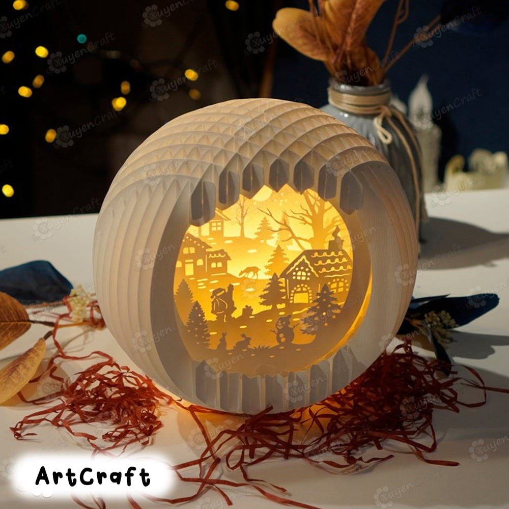 Merry Christmas SVG template for creating Christmas Village Sphere Pop Up - 3D Pop up Card - DIY Paper Cut Lamp, Christmas Paper Lanterns