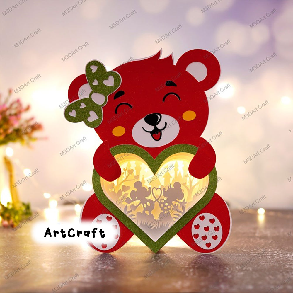 Pack 3 Teddy Bear Heart Lanterns Shadow Box SVG Template for Diy valentines crafts - Mickey Love, Proposing Couple Lightbox Paper Cut