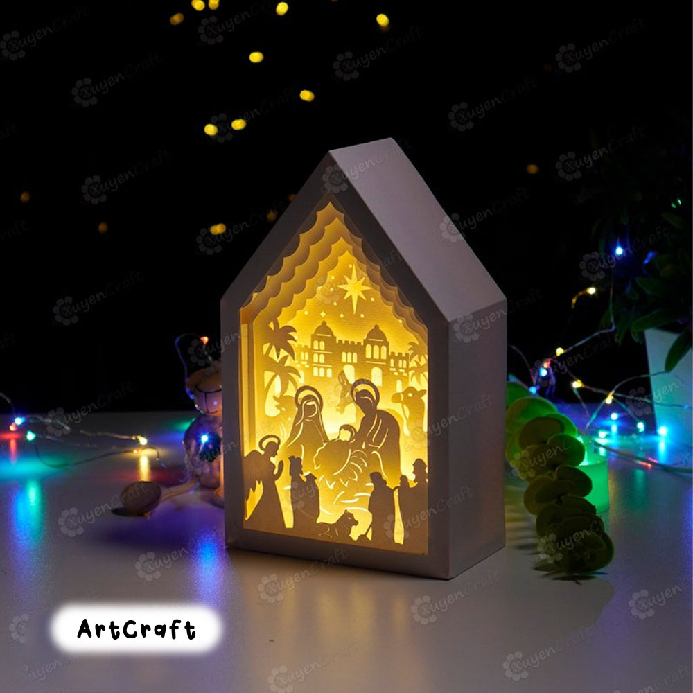 Nativity Scene In Christmas House Lanterns SVG Template Paper Cut Lamp Shadow Box, Lightbox Svg for Cricut Projects - DIY Xmas Decorations